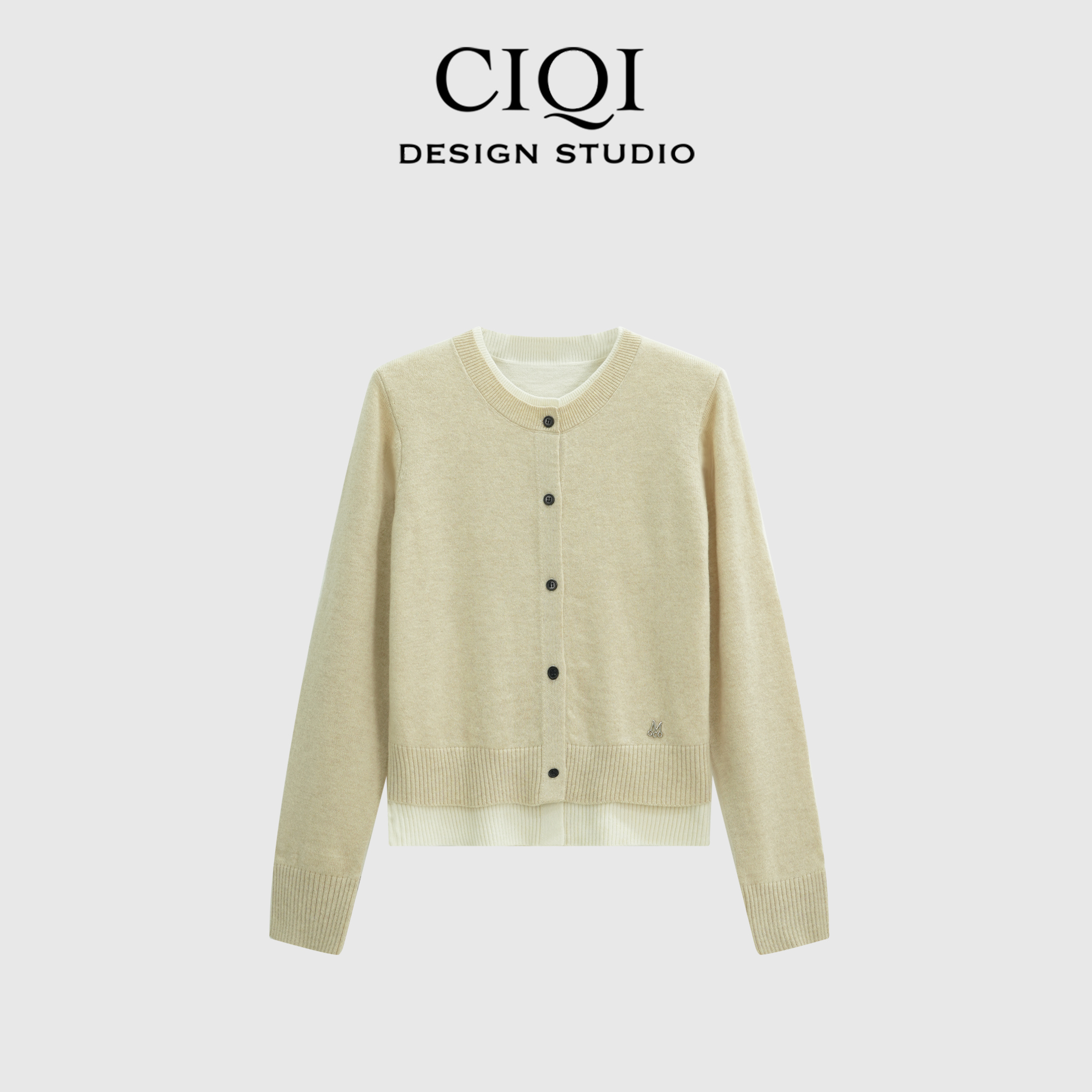 CIQI STUDIO 【真双层】秋冬100%羊毛圆领假两件长袖毛衣开衫DY1026