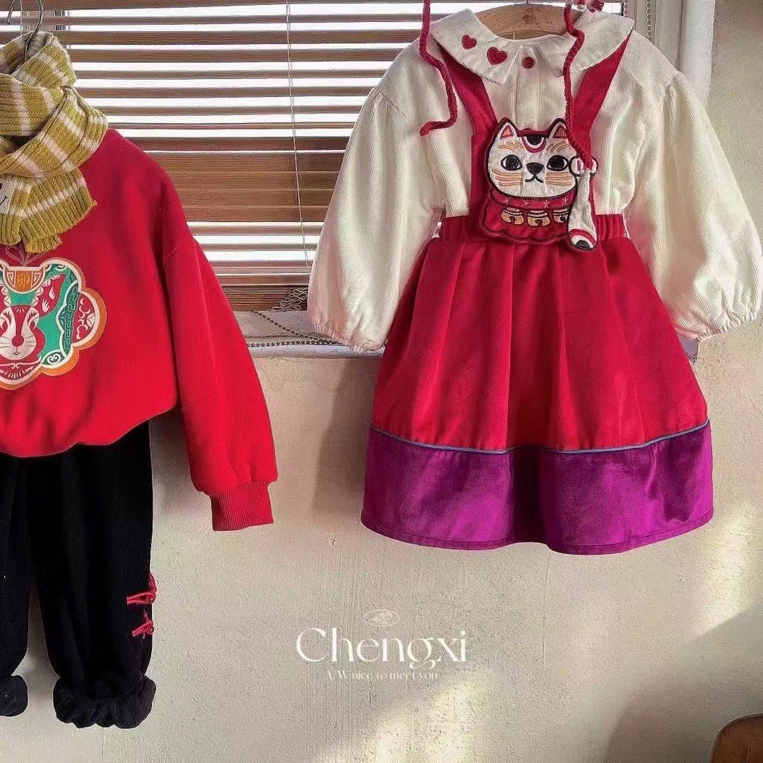 【荔枝优选】年服两件套可爱猫咪洛丽塔一体绒套装裙子儿童