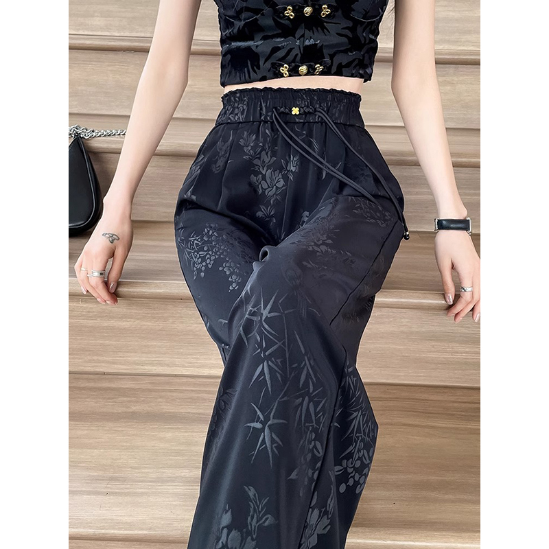 胖mm大码新中式国风阔腿裤女夏季薄款高腰宽松显瘦垂感直筒休闲裤