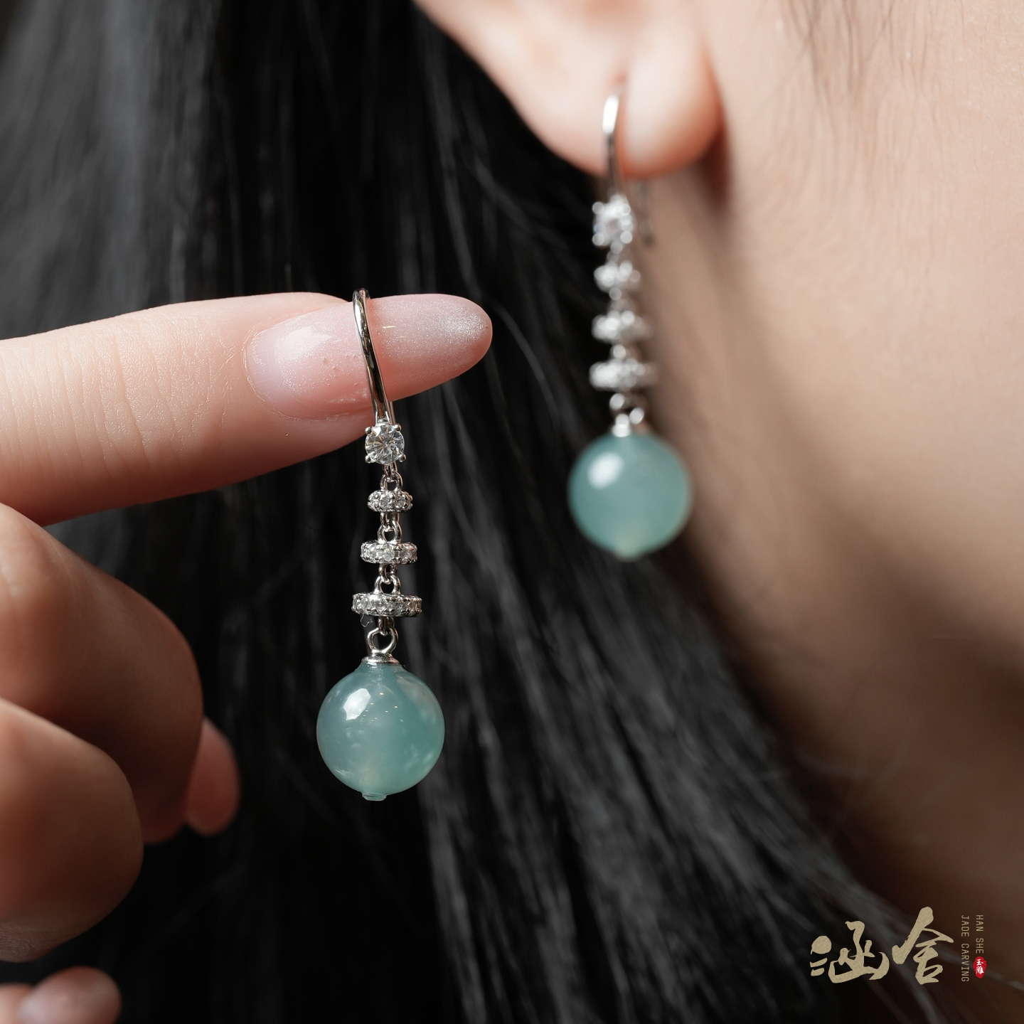 涵舍·天然翡翠A货s925银冰种海蓝九层宝塔轻奢耳饰设计款防过敏