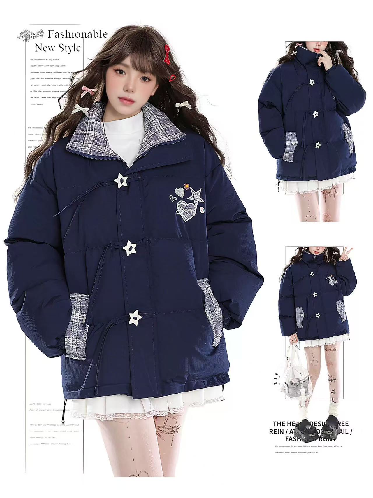 B17-4藏青色“爱心小字母五角星”格纹翻盖口袋立领外套
