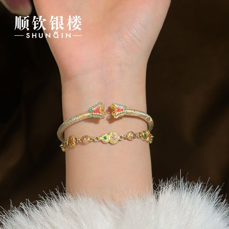 顺钦银楼 足银手镯  【绿灵蝶手镯】足银9999描金古风气质蝴蝶手镯