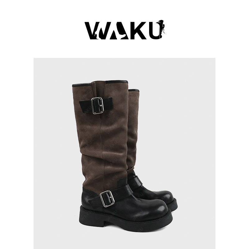 韶华流年设计理念双排金属搭扣堆堆靴不过膝拼色时装靴