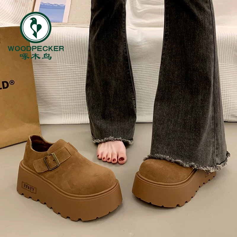 啄木鸟厚底增高勃肯鞋女2025秋冬季新款小个子一脚蹬加绒保暖棉鞋