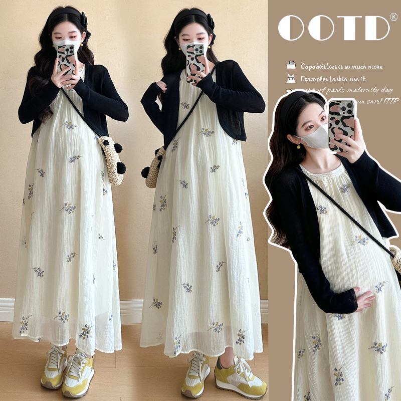孕妇连衣裙2025新款春秋铃兰花刺绣吊带裙+开衫两件套套装
