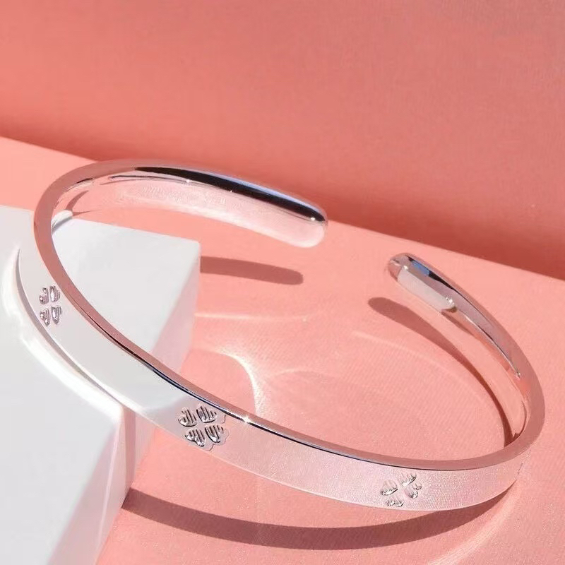 足银手镯 H32足银9999万花筒手镯宽版四叶草开口时尚小众简约百搭