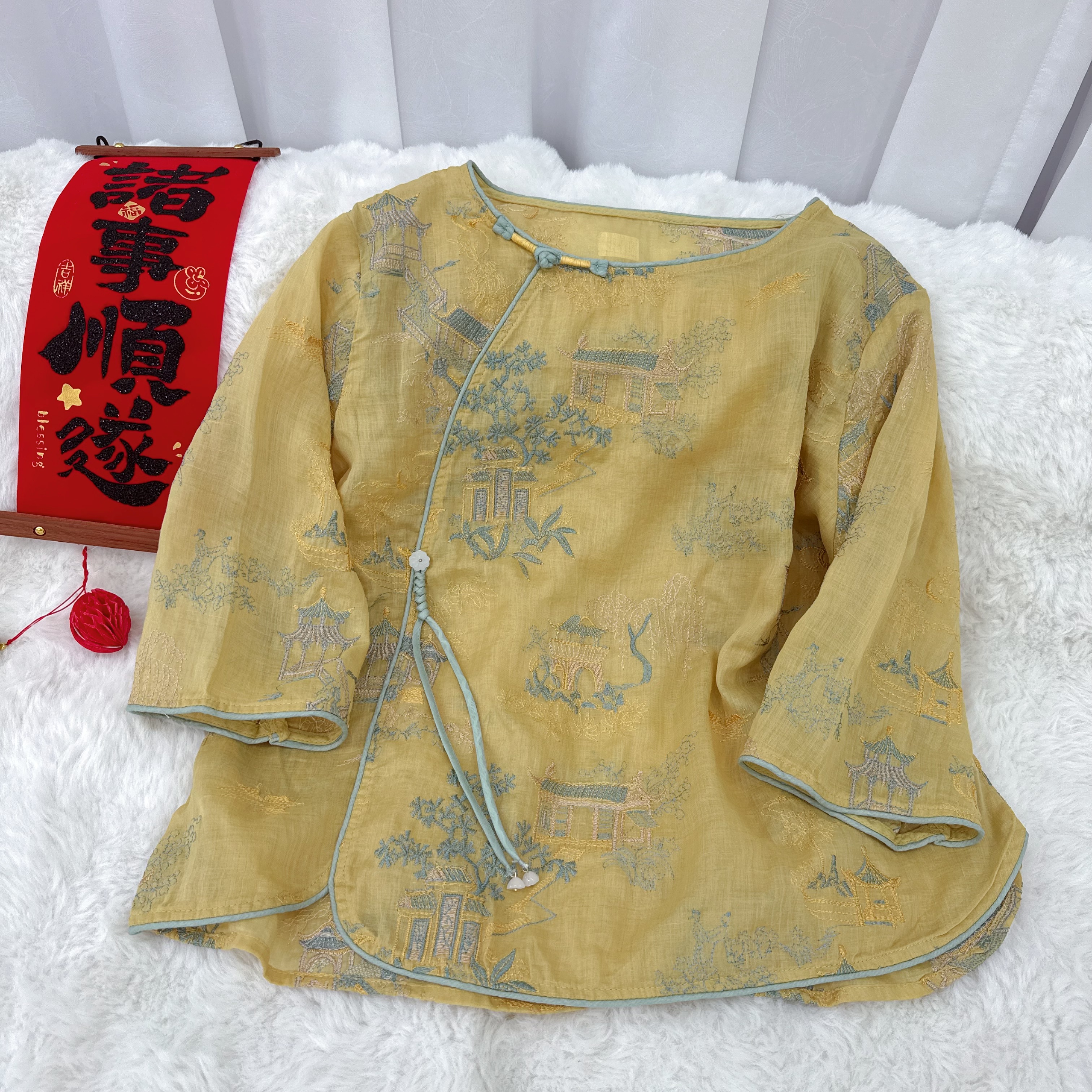 【080】夏季新款复古斜襟苎麻小衫新中式盘扣衬衫女上衣