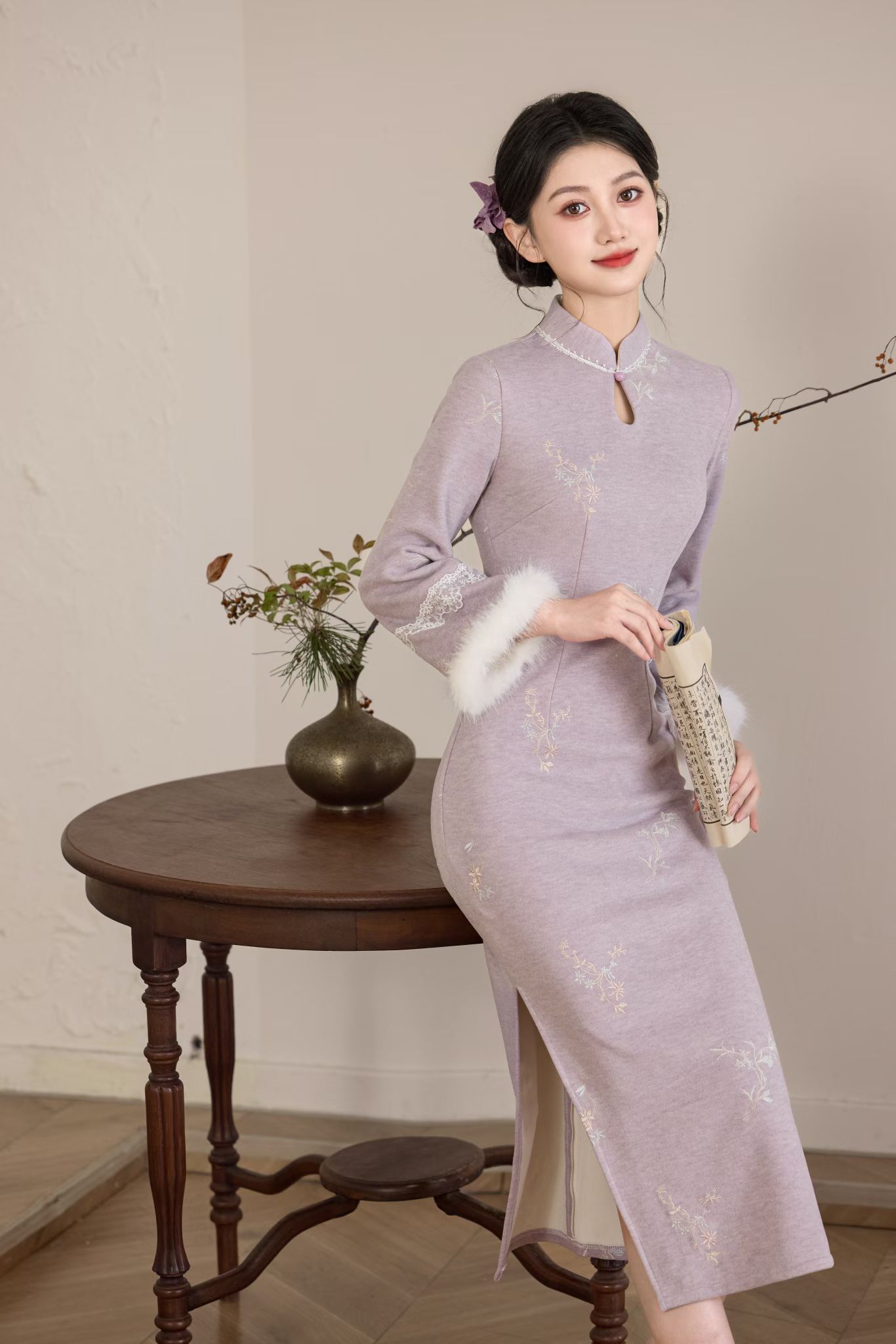 青绾家 「香芋」羊绒款加绒加厚新中式改良旗袍｜显瘦日常复古长款冬