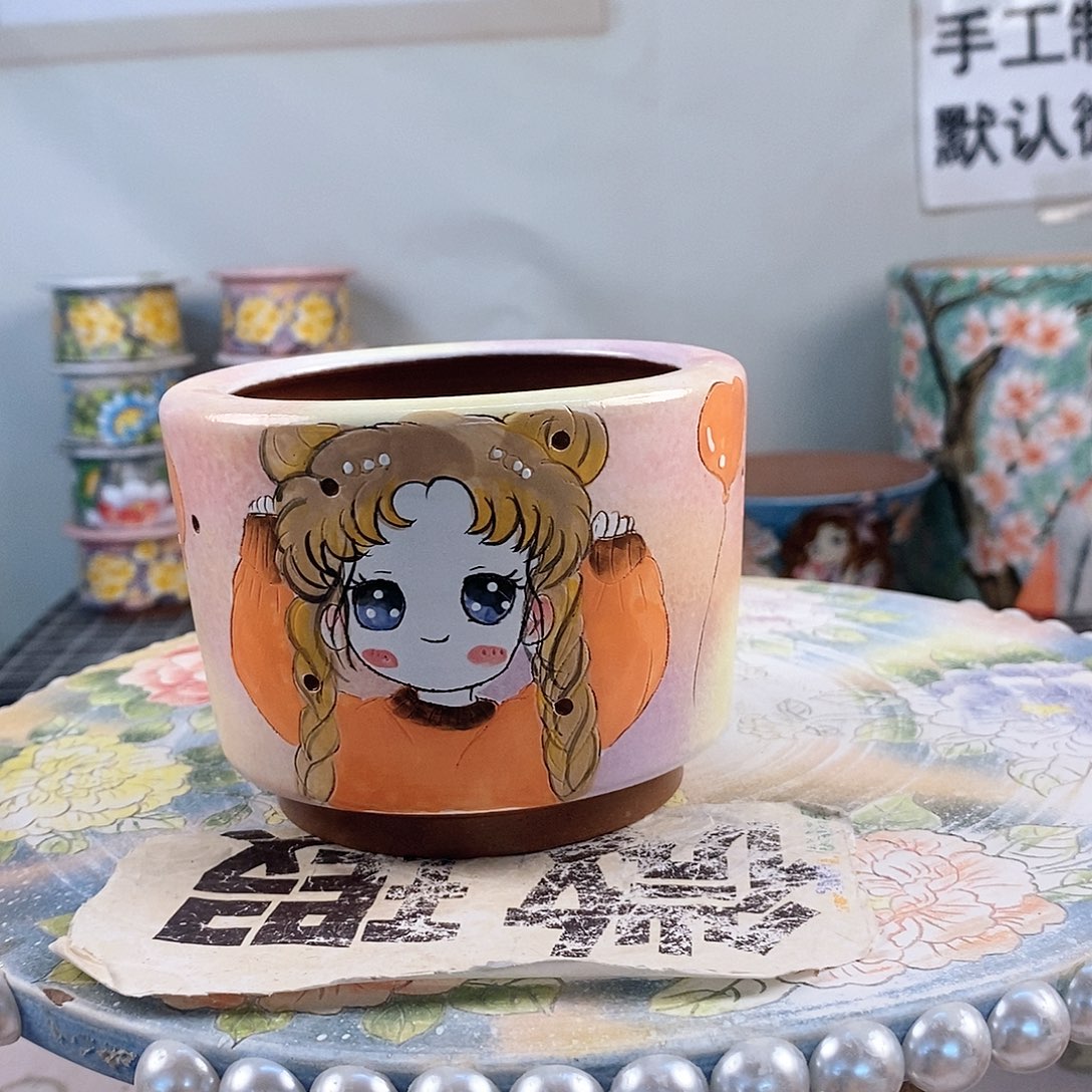 紫砂花盆红陶手绘花盆