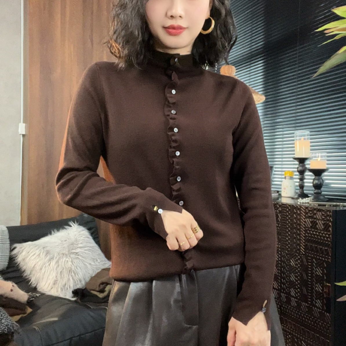 羊毛老钱风木耳边开衫内搭一排扣