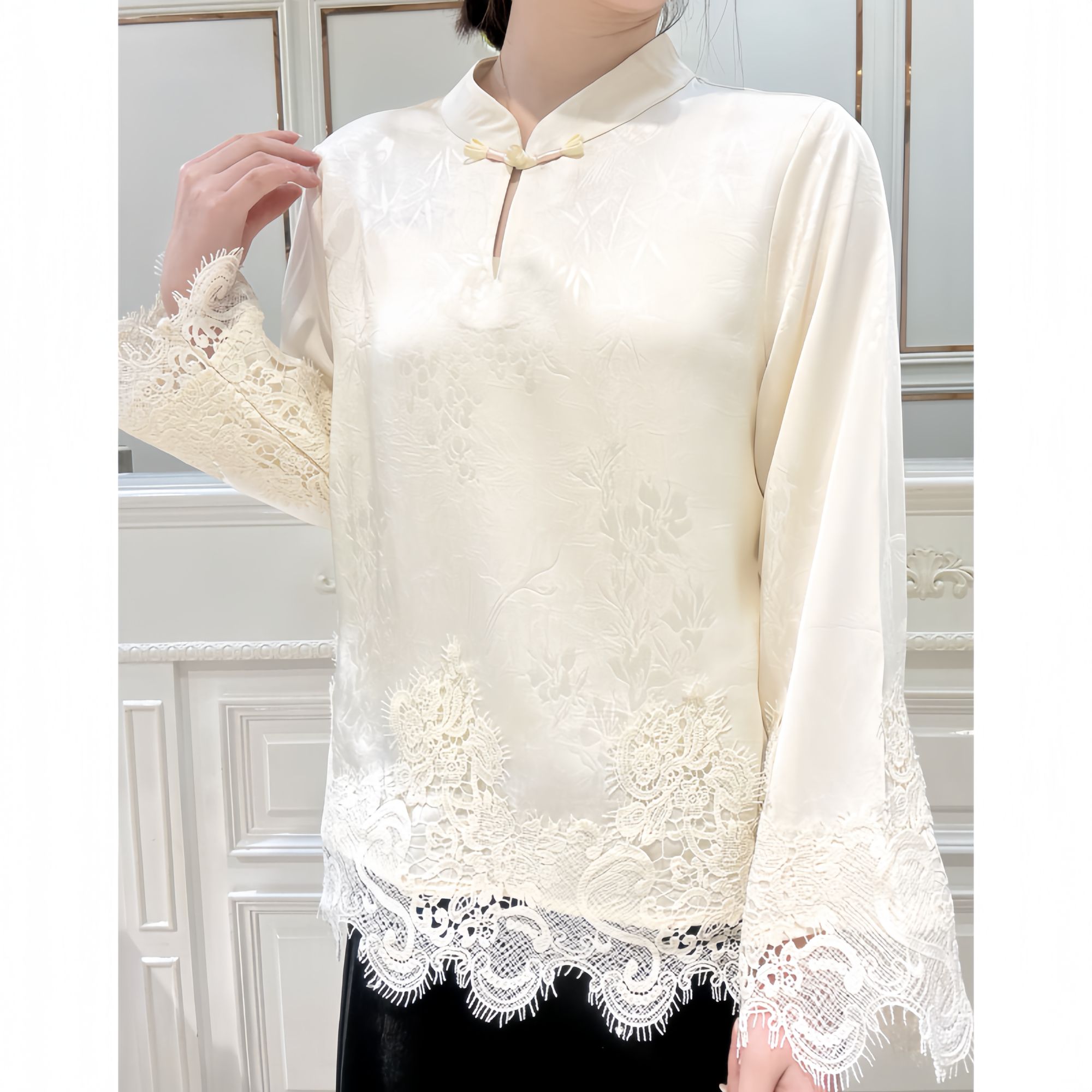 【如梦】新中式衬衫性感知性春秋绣花女上衣气质百搭蕾丝打底