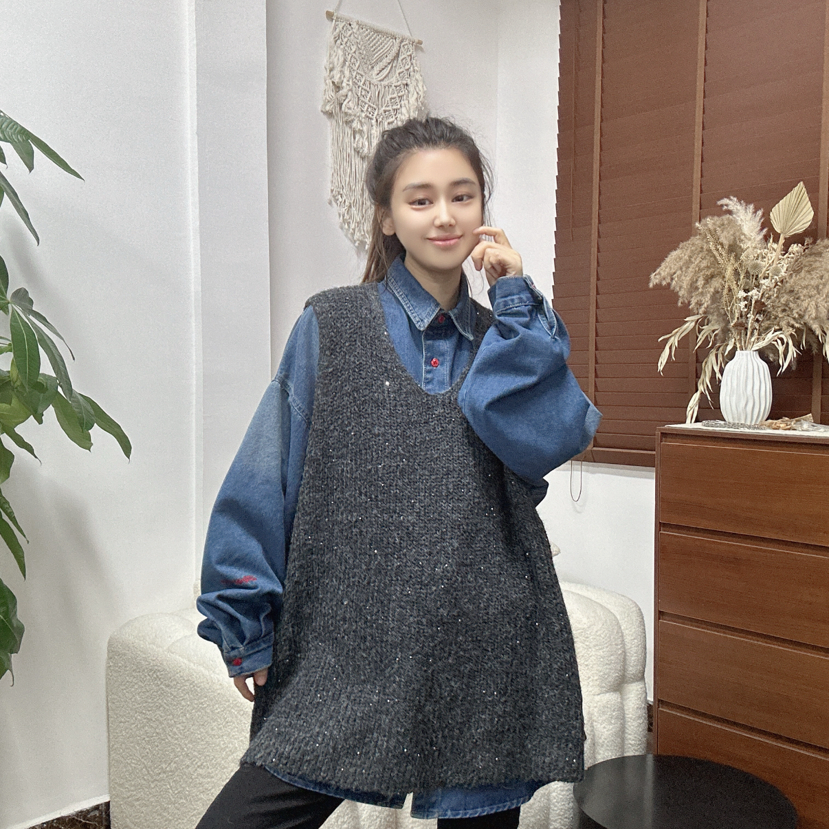 LU/鹿儿Y1788时尚百搭洋气简约休闲韩版秋冬新款复古亮片慵懒马甲