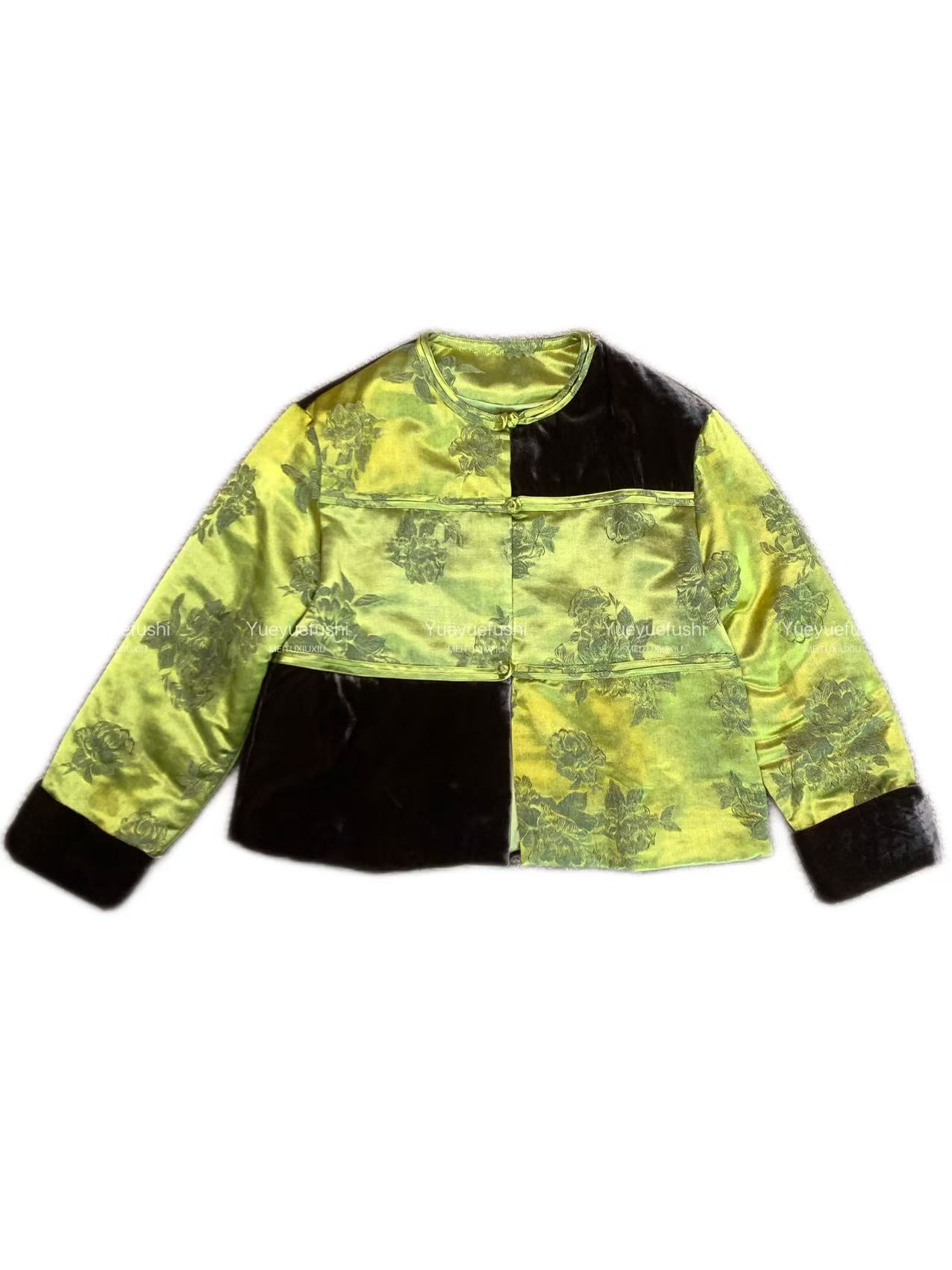 萧萧-新中式复古提花圆领丝绒拼接外套