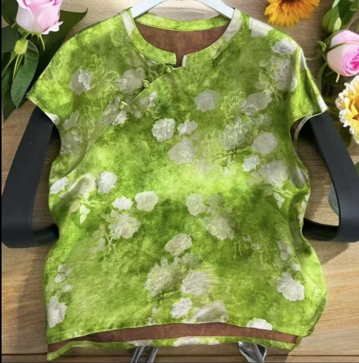 【栀子花开】国风新中式夏季高端时尚轻奢风女式立领短袖上衣1038