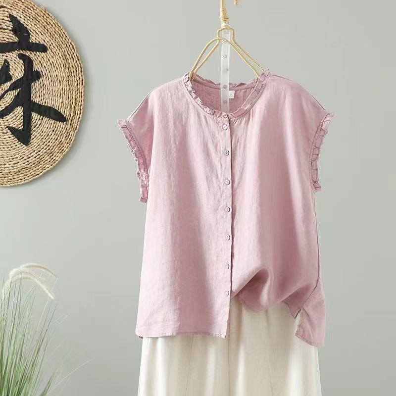 【苗姐衣橱】夏季木耳领纯色麻料衬衫66165