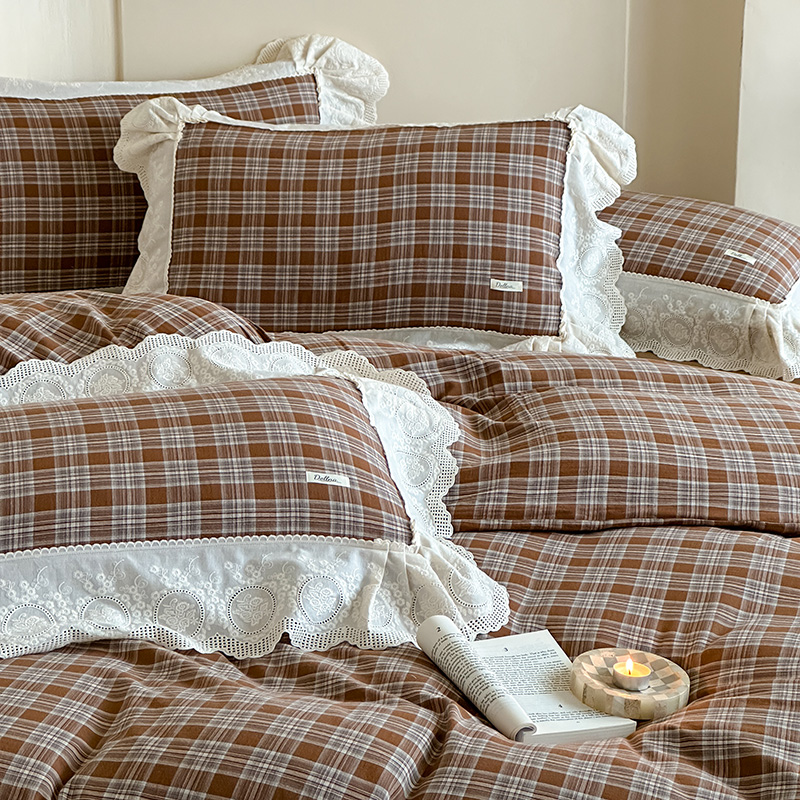 复古高级英伦格子全棉双层纱四件套纯棉法式花边被套床品简约