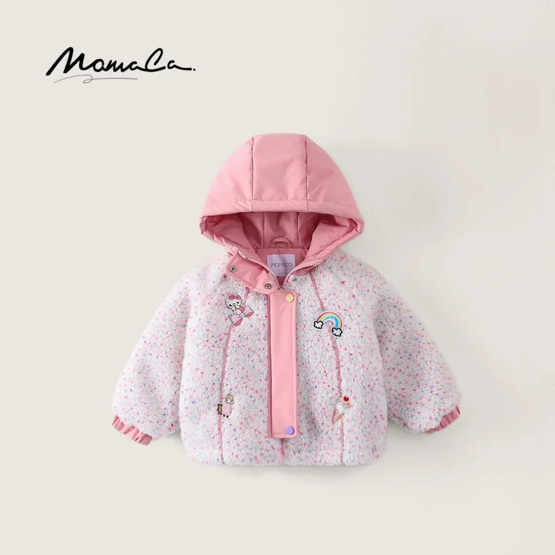 MOMOCO冬季新款洋气女童点染贴布刺绣连帽毛毛外套77830107052