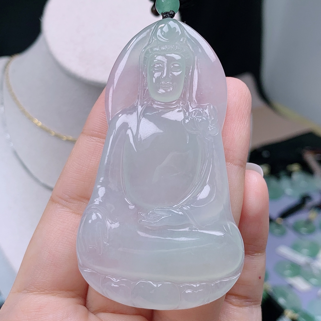 缅甸翡翠A货老坑冰种晴绿底大素衣观音吊坠揭阳精品74.2*41.3*6.2