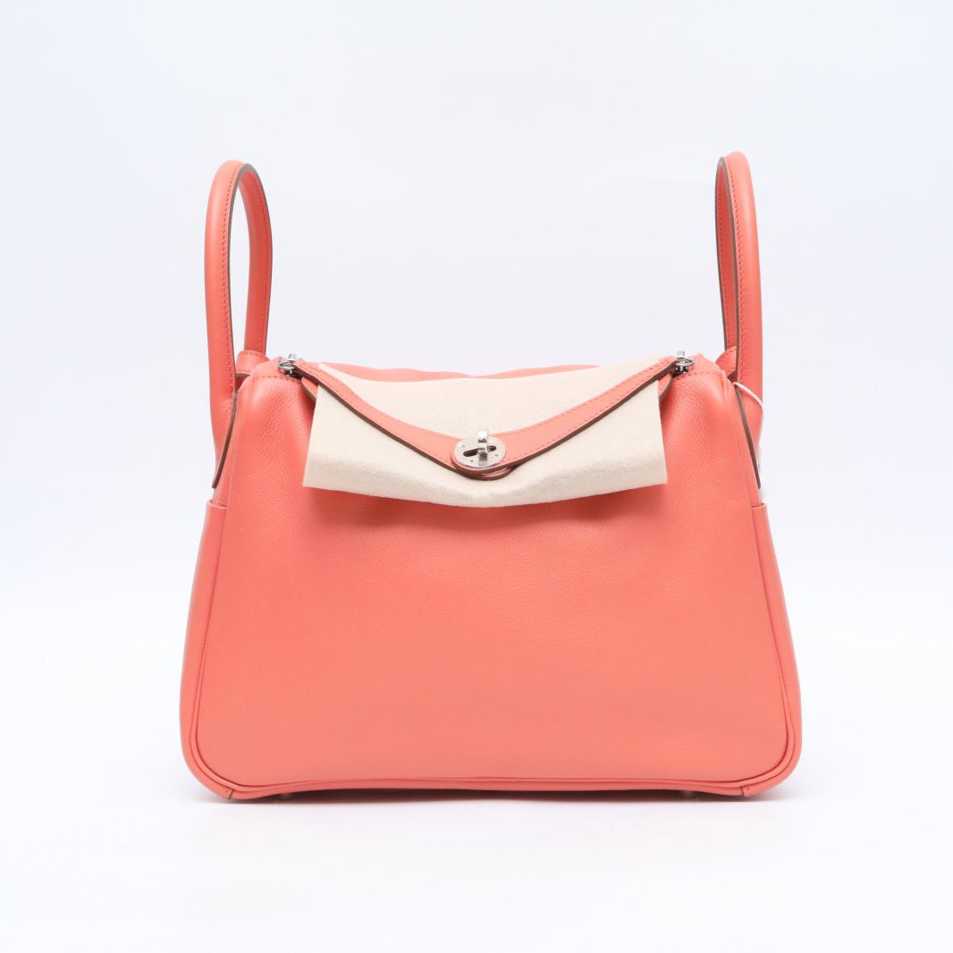 99新 Hermes/爱马仕 小花双双 Lindy 30 龙虾粉 EC皮 框Q 银扣 包