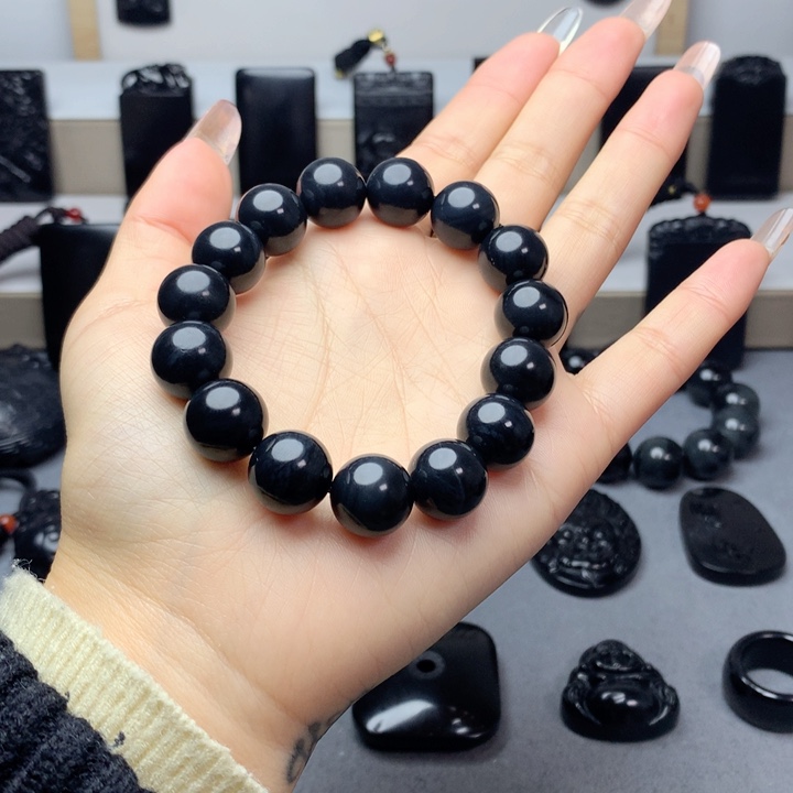 和田玉（墨玉）手串未镶嵌特价14mm有微量毛孔和棉