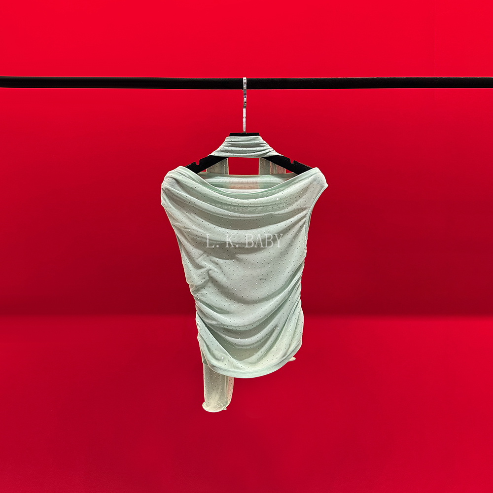 【L.K.BABY】繁星点点  纯欲绝美「烫钻」性感荡领飘带斜肩短袖上衣