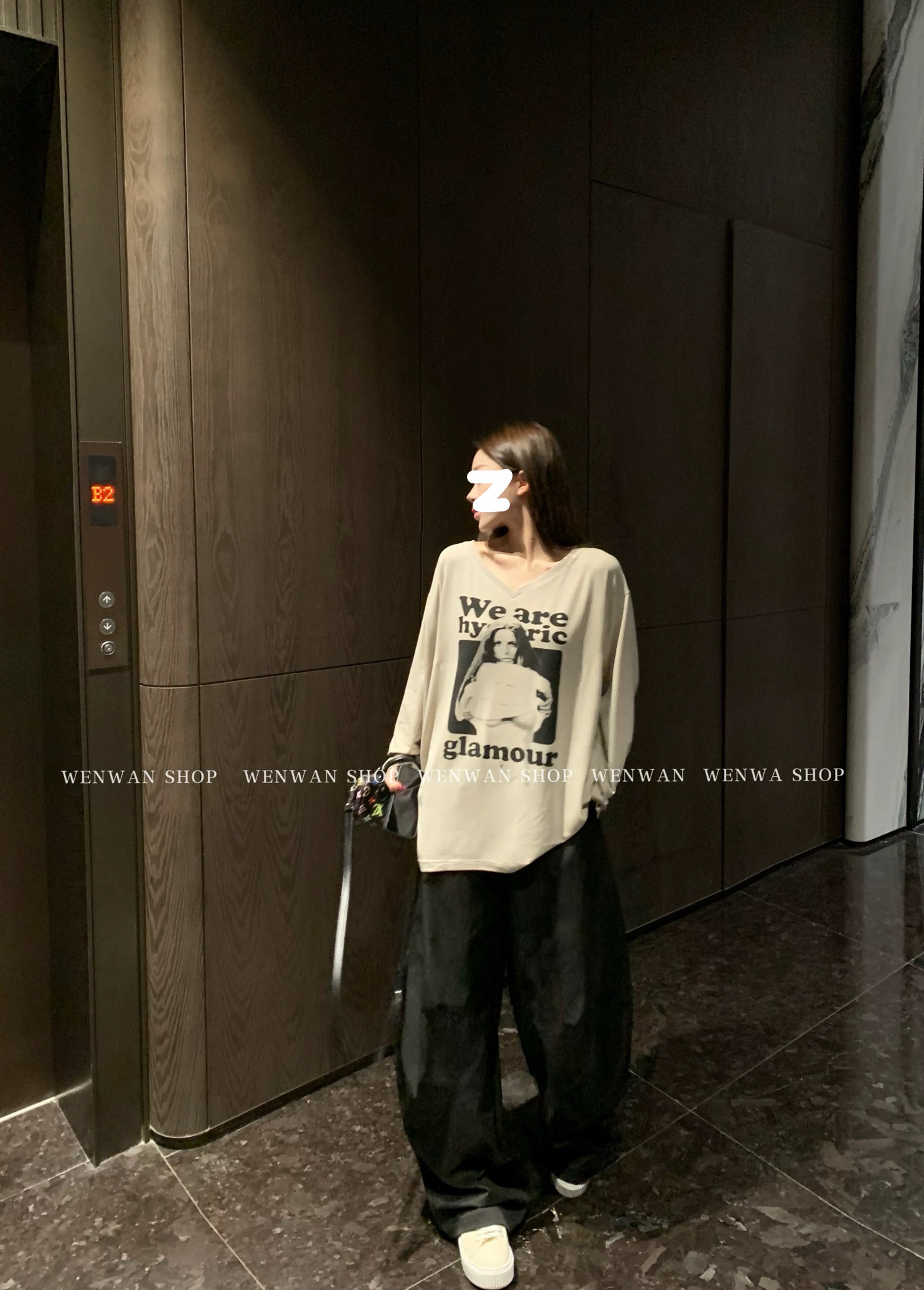 花生酱 慵懒风套装人像印花长袖T恤女秋季垂感显瘦