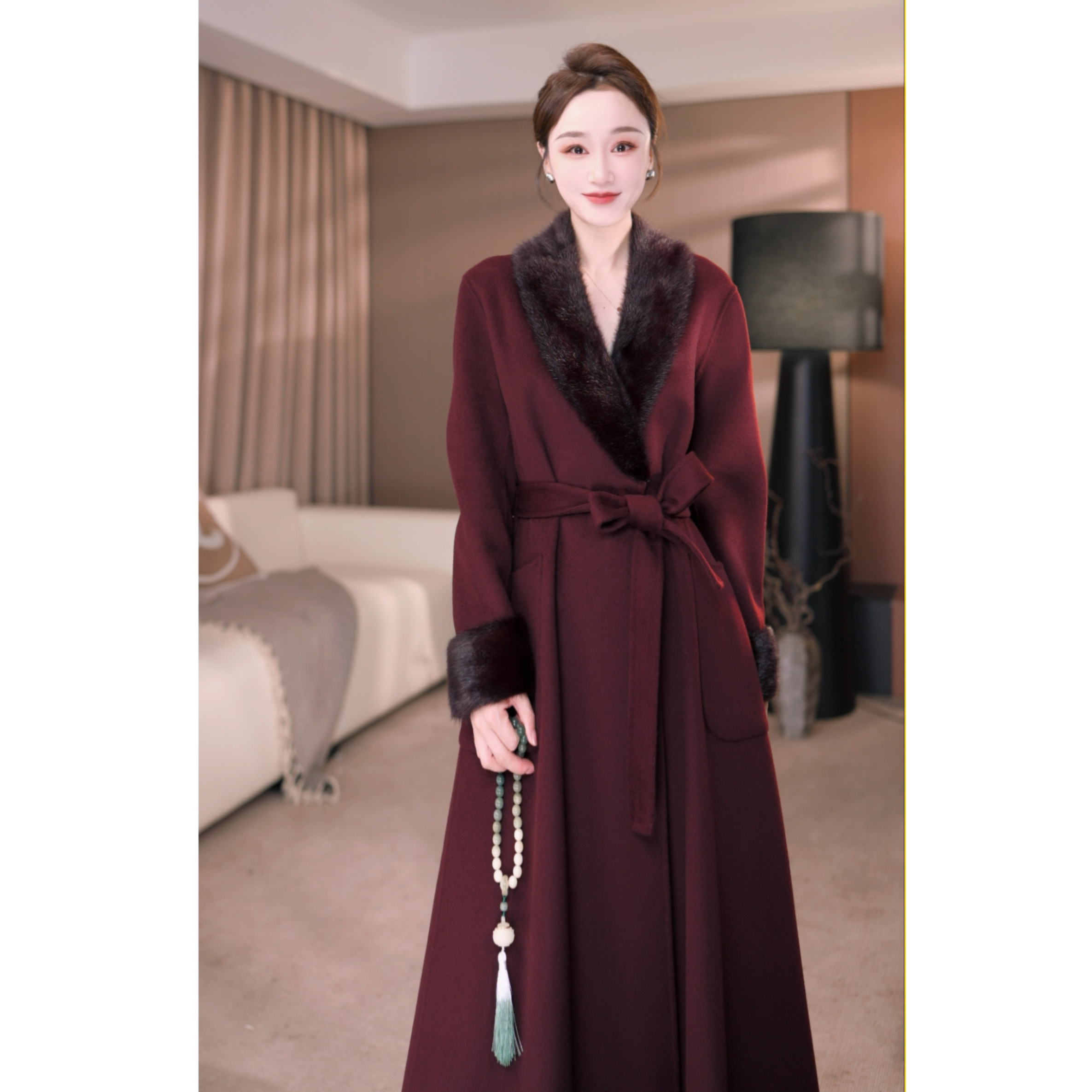 水貂毛领大袖宽松型毛呢外套高级感小众不撞衫设计感毛呢大衣