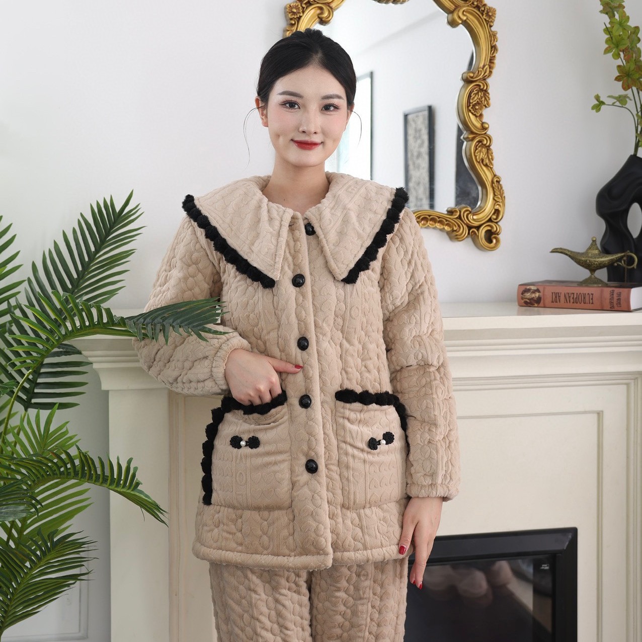 H女士三层加厚加绒夹棉冬季连帽可外穿睡衣