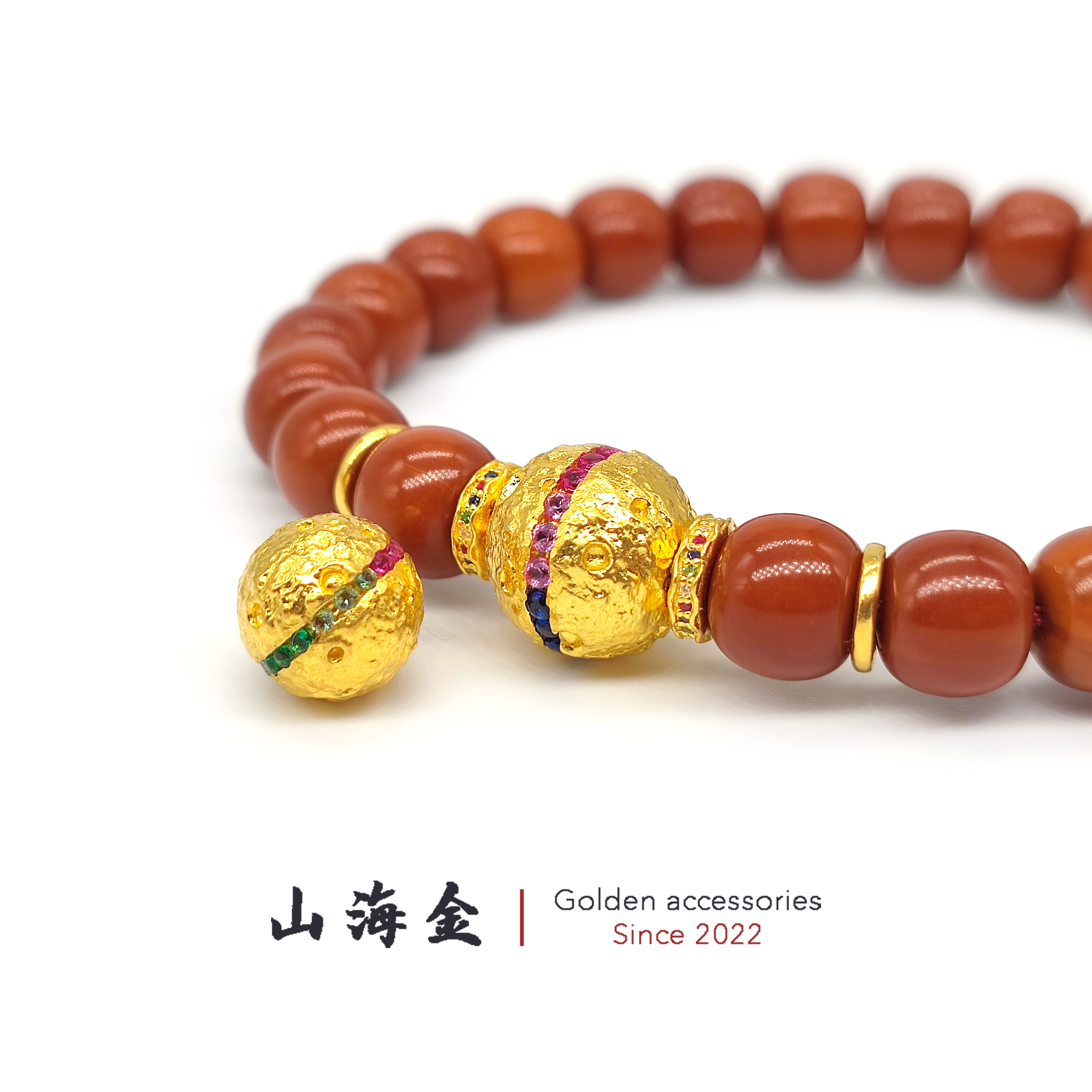 山海金 24K纯金999足金镶嵌彩宝棒棒糖彩虹隔珠顶珠文玩手串配饰