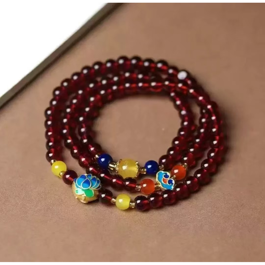 红色琉璃隔珠+景泰蓝莲花（红色款）S1128-1石榴石