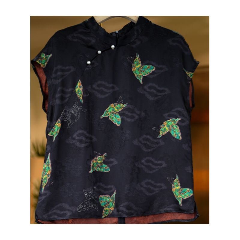 花蝴蝶<<非遗美学>>1300新中式国风蝴蝶印花时尚百搭上衣