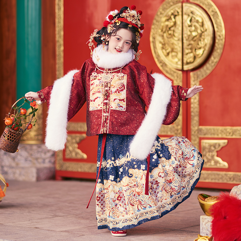 旗铂-福瑞 财神红色款2025新款汉服女童拜年服女童冬款加绒