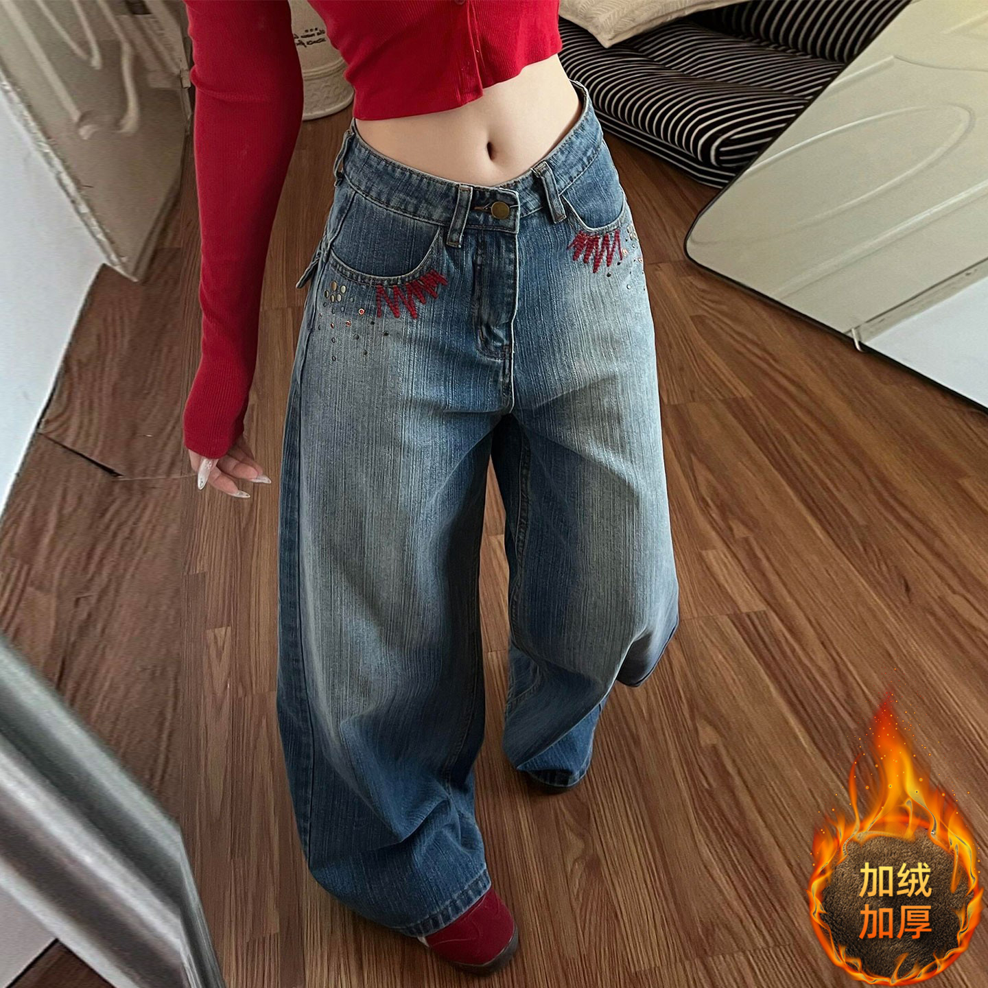 300斤大码女装美式高街蓝色加绒牛仔裤女胖mm设计感显瘦直筒裤子