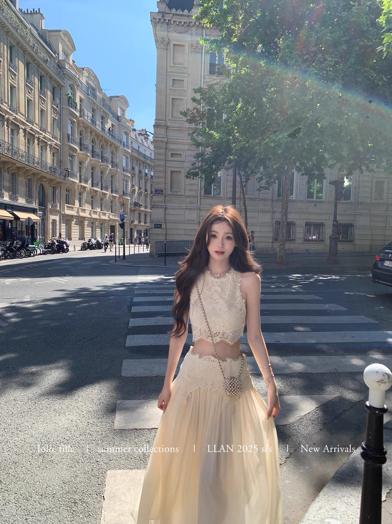 【卢浮幻境】优雅甜美精致睫毛蕾丝上衣+长裙套装女