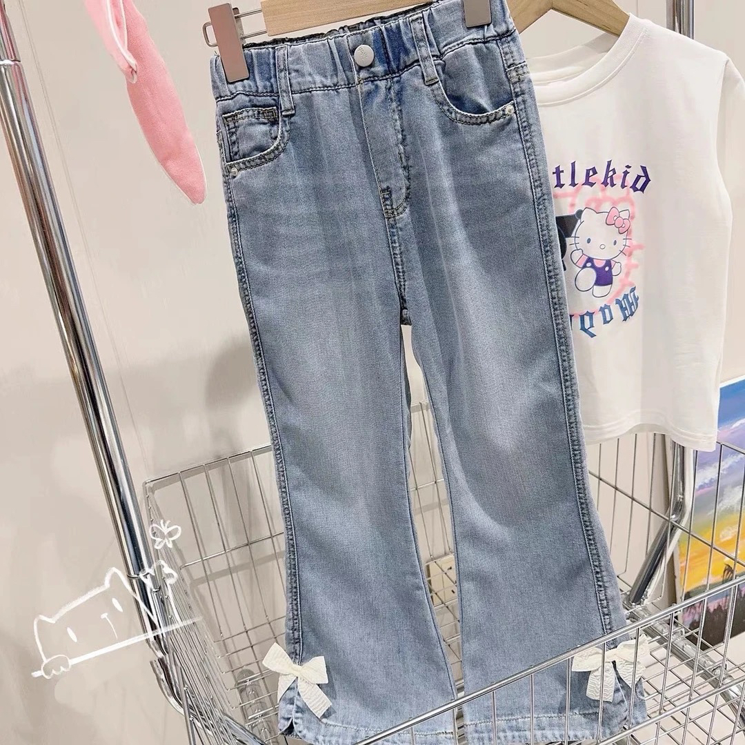 女童牛仔裤儿童夏季天丝防蚊裤蝴蝶结微辣开叉长裤薄款