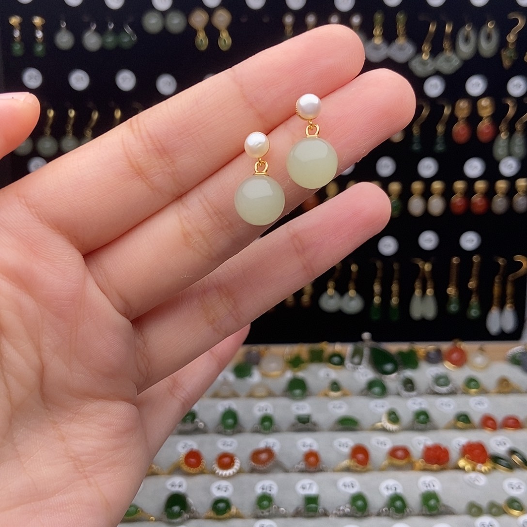 银S925镀金镶嵌和田玉耳饰