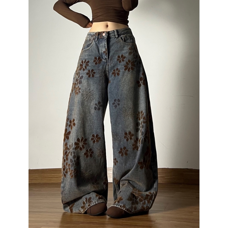 美式做旧满印提花宽松阔腿显瘦牛仔裤女秋冬复古水洗弯刀直筒裤子