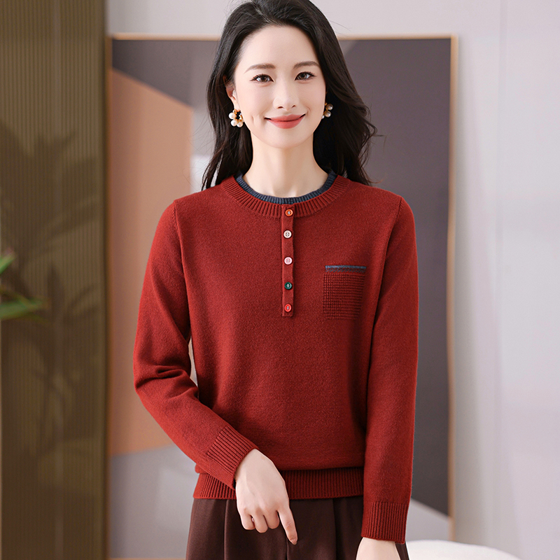 套头中年妈妈阔太太毛针织衫时尚拼接休闲圆领上衣长袖拼色打底衫