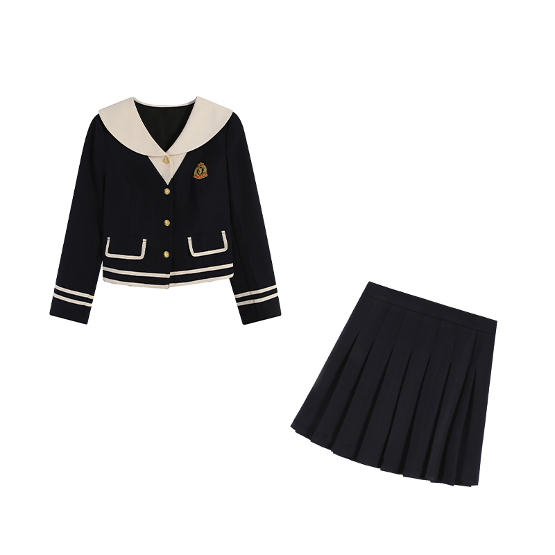 橘子-五季家长袖大码女装遮肉显瘦藏青色ol两件套ZL110915