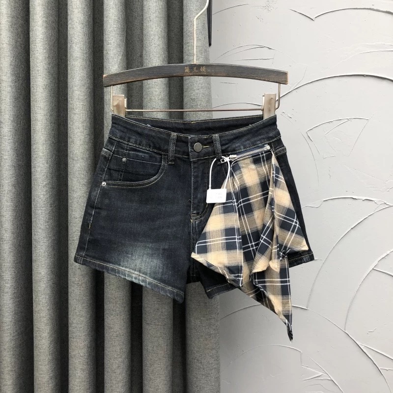 韩系个性牛仔短裤女夏季新款不规则格子拼接设计感高腰a字阔腿裤