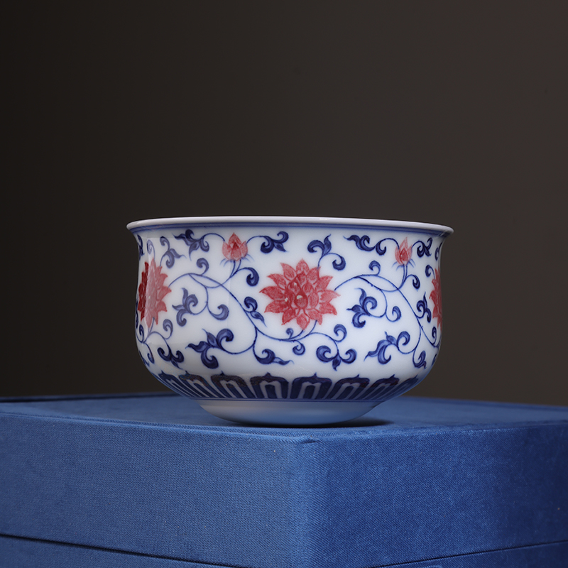 沐茗古韵青花釉里红缠枝莲不倒杯