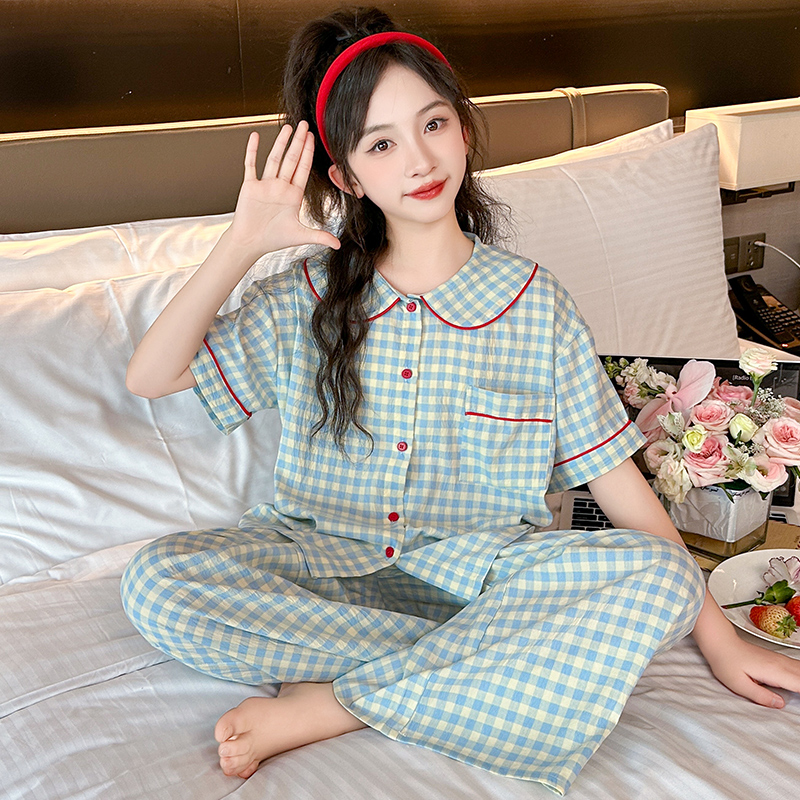 儿童甜美格子睡衣女大童夏季薄款短袖长裤女孩夏天家居服亲子套装