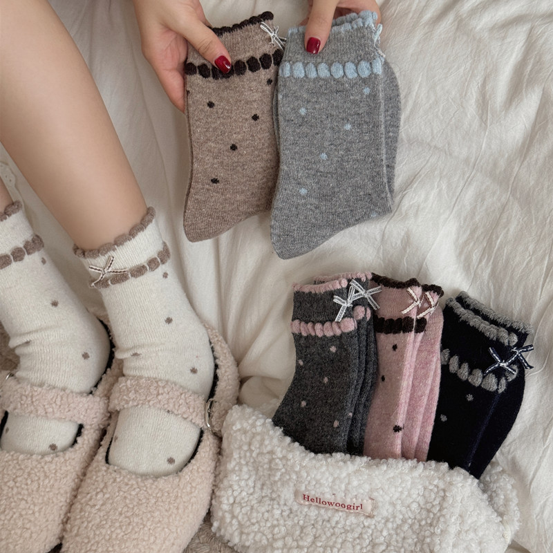 波点蝴蝶结羊毛袜子女秋冬加厚保暖复古撞色双罗口花边中筒堆堆袜