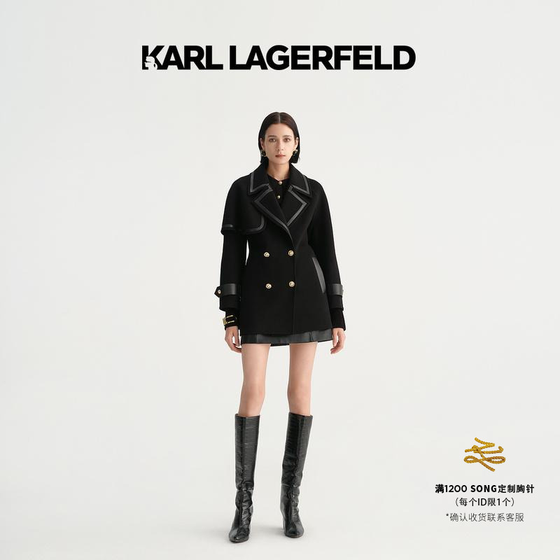 KARL LAGERFELD卡尔拉格斐冬季新拼接系带中长款大衣M27E2980
