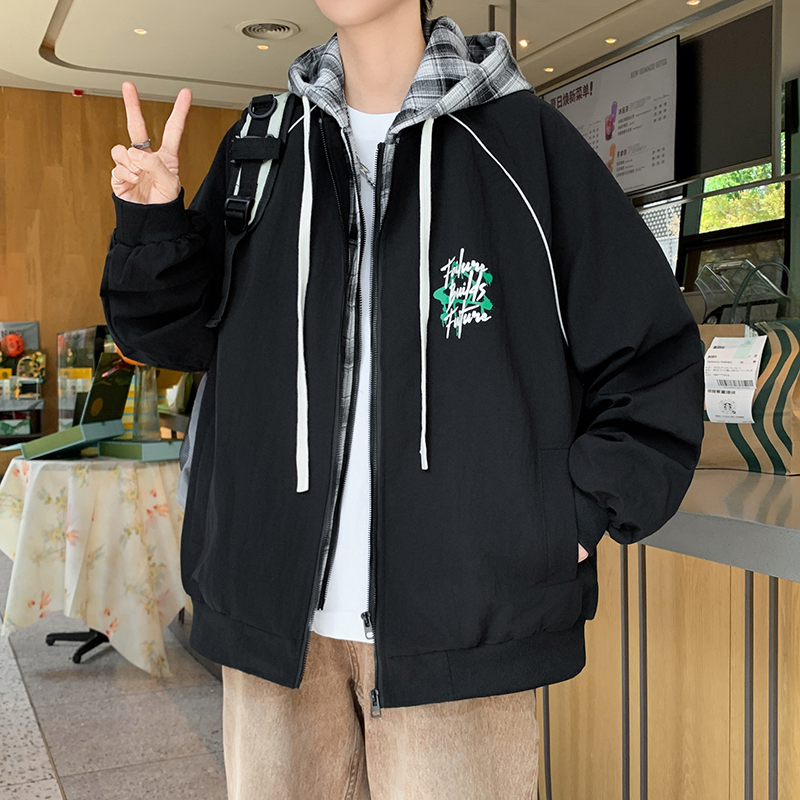 男生港风秋季新款时尚假两件夹克学生潮流百搭帅气印花连帽男外套