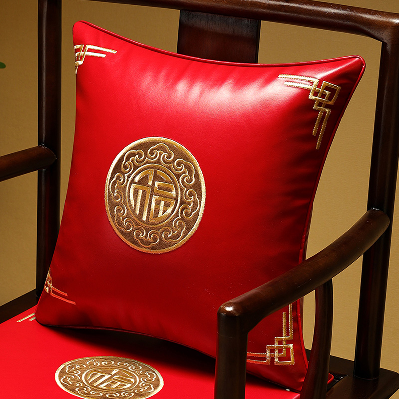 【皮革福然居】新中式红木沙发中国风刺皮抱枕靠垫腰枕含芯靠背套罩