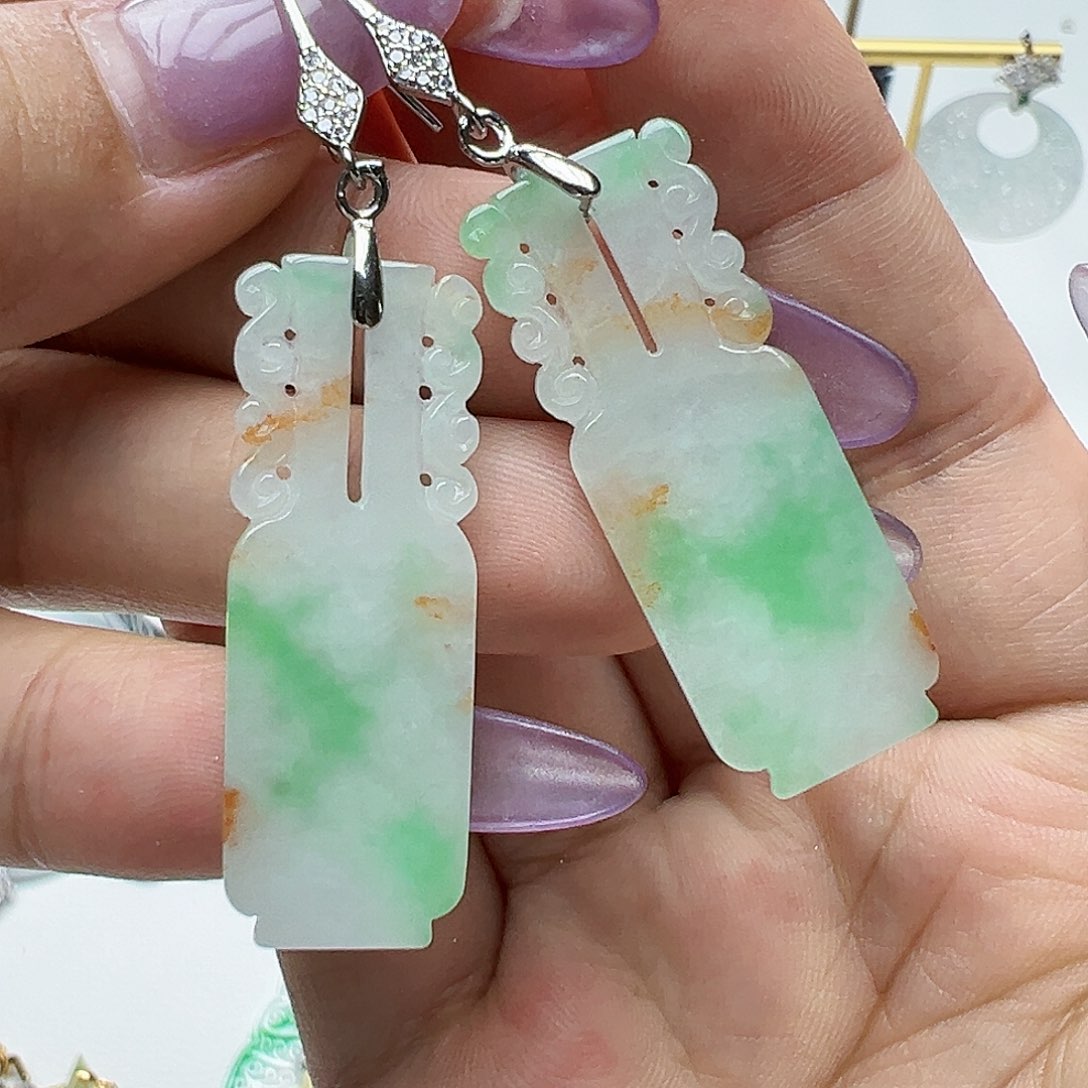 翡翠银S925镶嵌耳饰天然缅甸A货翡翠