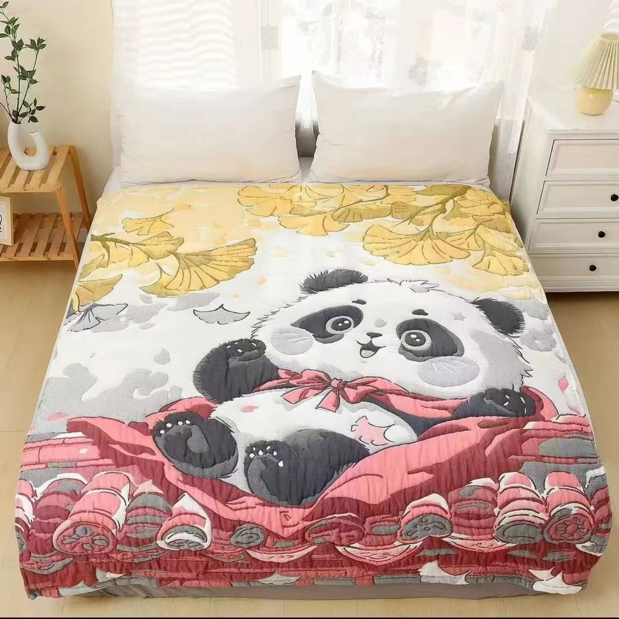 【屋顶熊猫泡芙被】 150cm x 200cm 多功能轻奢超柔轻奢纱布泡芙被