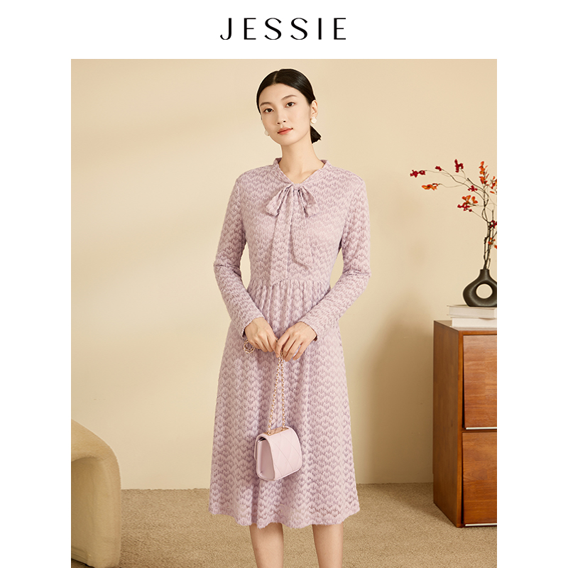 【粉丝专属】JESSIE法式飘带领温婉紫色长袖中长款连衣裙冬女士百搭