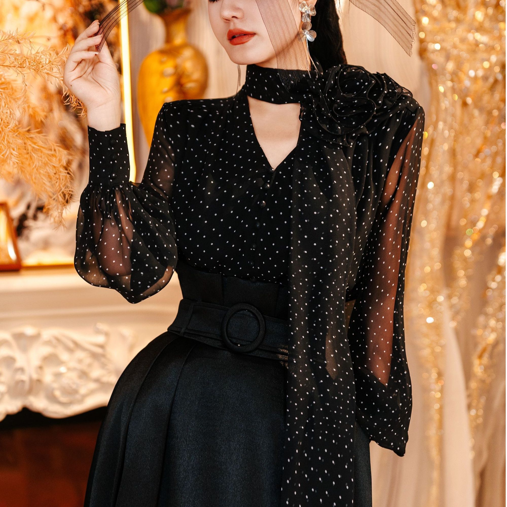 【星姐推荐】星原创高级定制【巴黎少女】设计师款花朵装饰波点上衣